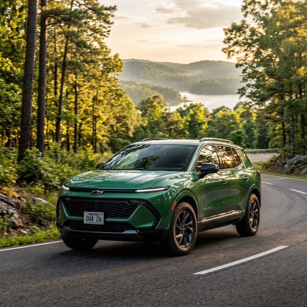New 2026 Chevrolet Equinox front side angle in the Ouachita National Forest near Hot Springs Arkansas